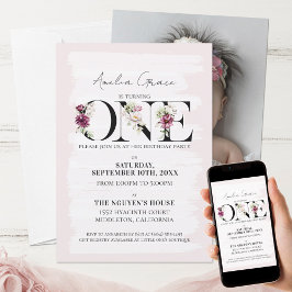 Pretty Blush Floral ONE Baby Girl's First Birthday Invitation