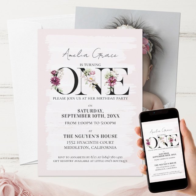 Pretty Blush Floral ONE Baby Girl's First Birthday Invitation (Creator Uploaded)