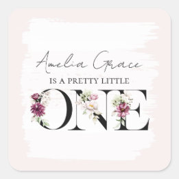 Pretty Blush Floral ONE Baby Girl's First Birthday Square Sticker