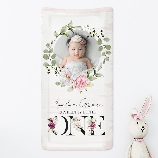 Pretty Blush Floral ONE First Birthday Baby Photo Banner (Creator Uploaded)