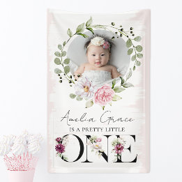 Pretty Blush Floral ONE First Birthday Baby Photo Banner