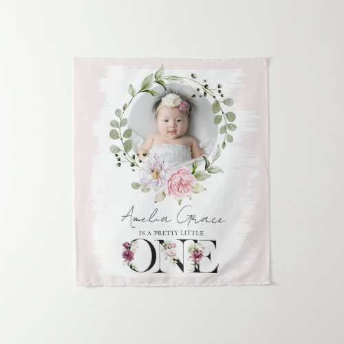 Pretty Blush Floral ONE First Birthday Baby Photo Tapestry