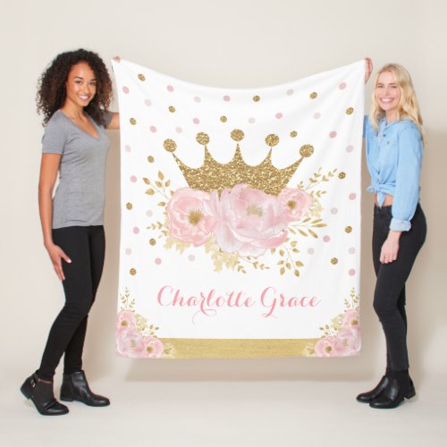 Pretty Blush Floral Royal Princess Gold Crown Girl Fleece Blanket