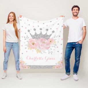 Pretty Blush Floral Royal Princess Silver Crown Fleece Blanket