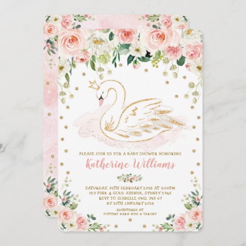 Pretty Blush Floral Swan Princess Girl Baby Shower Invitation