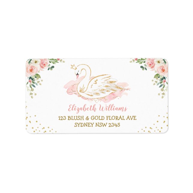 Pretty Blush Floral Swan Princess Return Address Label (Front)