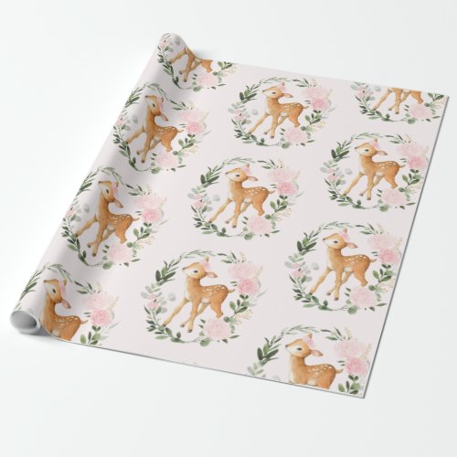 Pretty Blush Floral Woodland Deer Baby Fawn Wrapping Paper