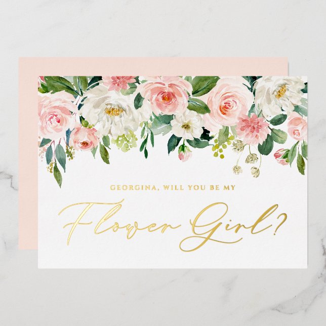 Pretty Blush Flowers Will You Be My Flower Girl Foil Invitation (Front/Back)