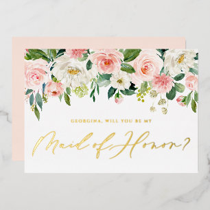 Pretty Blush Flowers Will You Be My Maid of Honor Foil Invitation