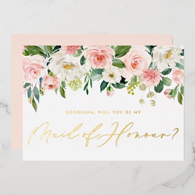 Pretty Blush Flowers Will You Be My Maid of Honour Foil Invitation (Front/Back)