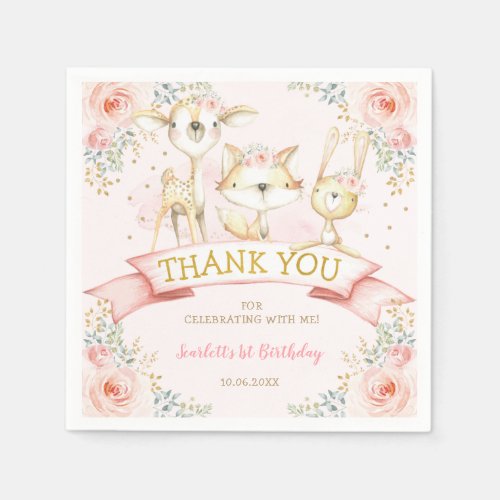 Pretty Blush Gold Floral Woodland Animals Birthday Napkins