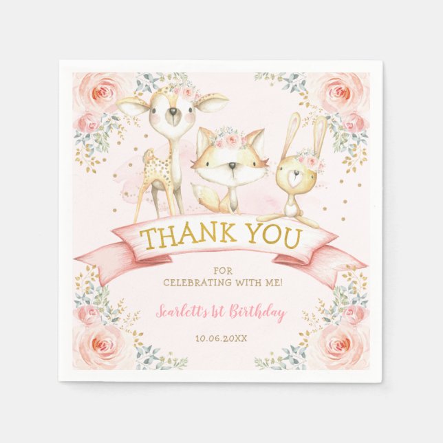 Pretty Blush Gold Floral Woodland Animals Birthday Napkins (Front)