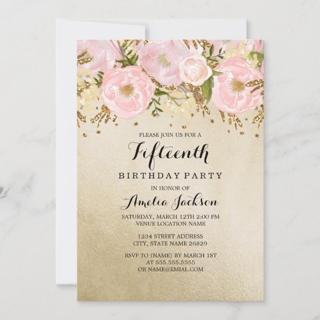 Pretty Blush Gold Pink Floral 15th Birthday Invitation (Front)