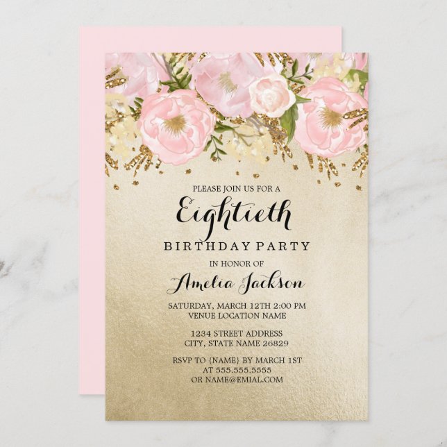 Pretty Blush Gold Pink Floral 80th Birthday Invitation (Front/Back)