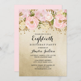 Pretty Blush Gold Pink Floral 80th Birthday Invitation