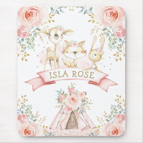 Pretty Blush Gold Roses Tribal Woodland Animals Mouse Pad
