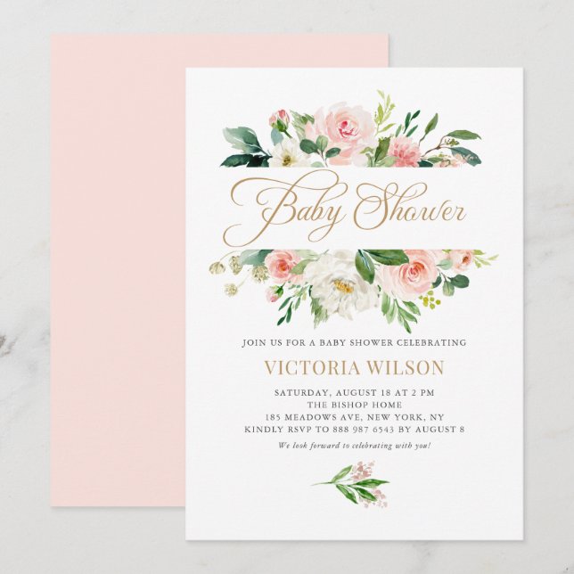 Pretty Blush Ivory Peony Floral Frame Baby Shower Invitation (Front/Back)
