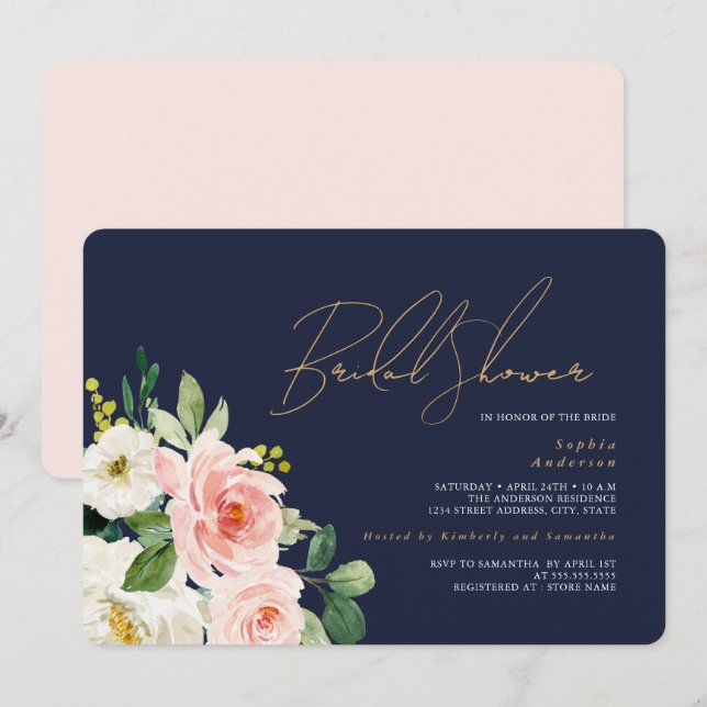 Pretty Blush Navy Floral Bridal Shower Invitation (Front/Back)