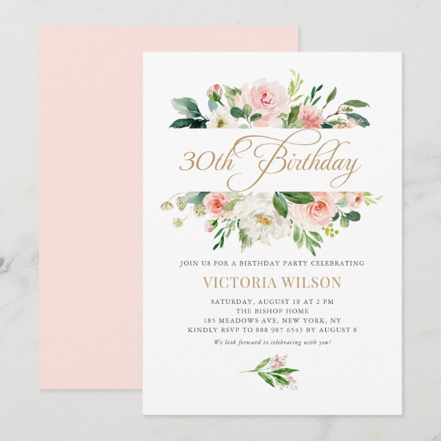 Pretty Blush Peony Floral Frame 30th Birthday Invitation (Front/Back)