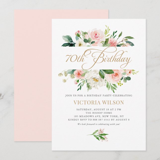 Pretty Blush Peony Floral Frame 70th Birthday Invitation (Front/Back)