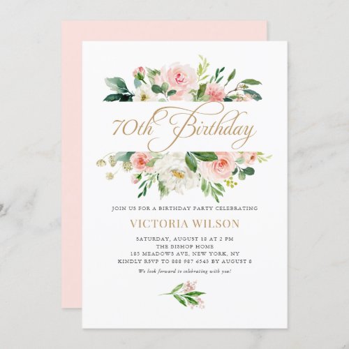 Pretty Blush Peony Floral Frame 70th Birthday Invitation