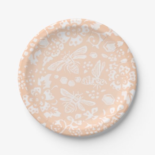 Pretty Blush Pink Bee Floral Garden Pattern Paper Plates