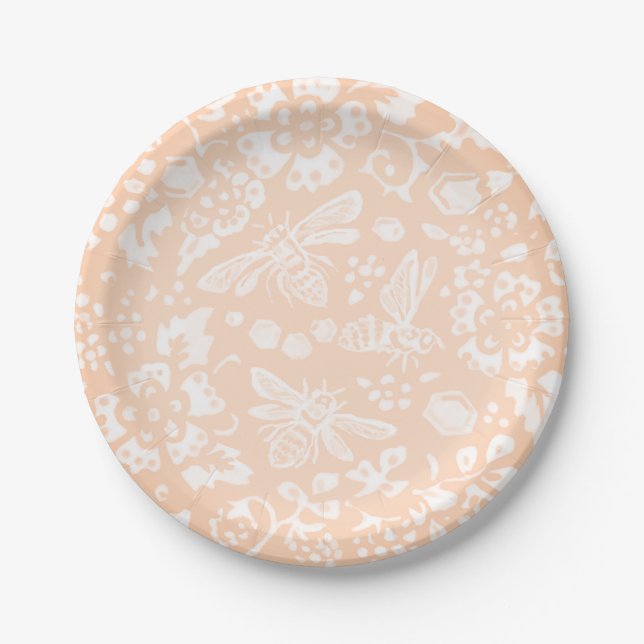 Pretty Blush Pink Bee Floral Garden Pattern Paper Plates (Front)