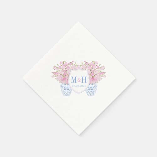 Pretty Blush Pink Blue Monogram Wedding Napkins