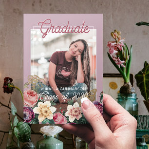 Pretty Blush Pink Botanical Floral Boho Graduation Announcement