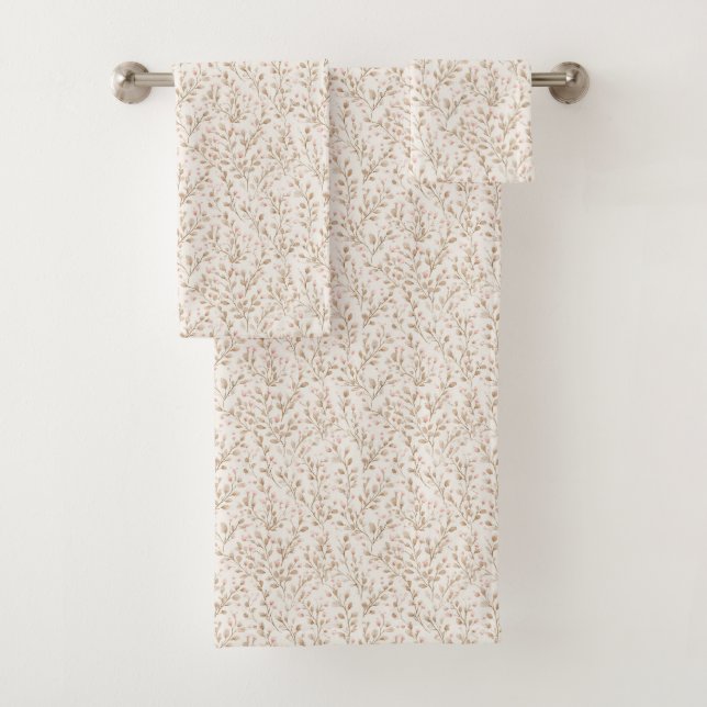 Pretty Blush Pink Cream Floral  Bath Towel Set (Insitu)