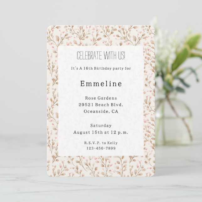 Pretty Blush Pink Cream Floral Birthday Invitation (Standing Front)