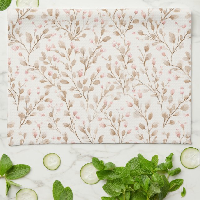 Pretty Blush Pink Cream Floral  Kitchen Towel (Folded)