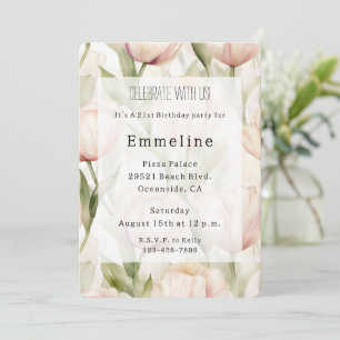Pretty Blush Pink Cream Tulips Floral Birthday Invitation