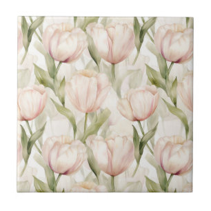 Pretty Blush Pink Cream Tulips Floral Ceramic Tile