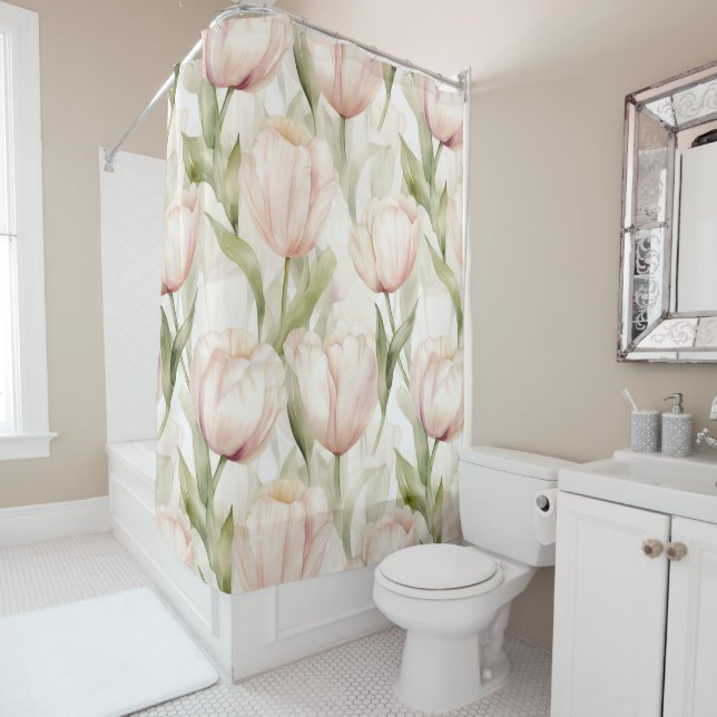 Pretty Blush Pink Cream Tulips Floral  Shower Curtain (In Situ)