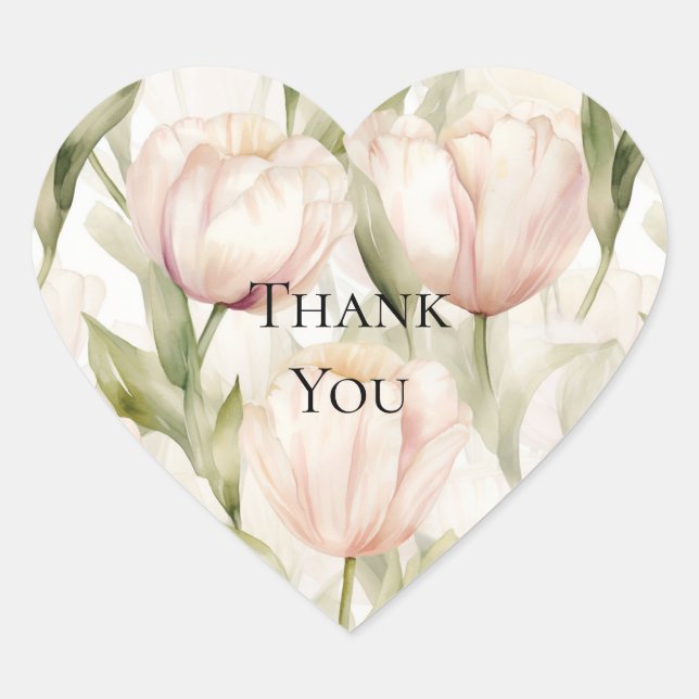 Pretty Blush Pink Cream Tulips Floral Thank You Heart Sticker (Front)