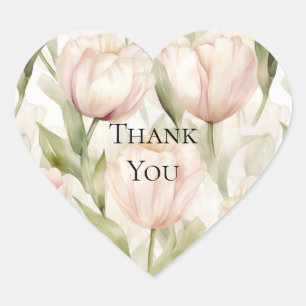 Pretty Blush Pink Cream Tulips Floral Thank You Heart Sticker
