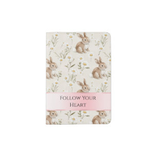 Pretty Blush Pink Daisy Flowers Bunny Rabbits Passport Holder