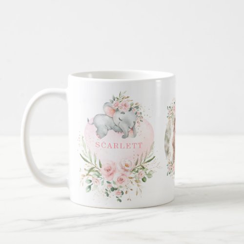 Pretty Blush Pink Floral Baby Elephant Girl Photo Coffee Mug