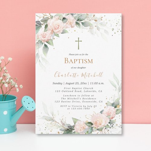 Pretty Blush Pink Floral Baptism Invitation