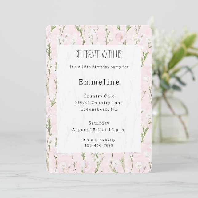 Pretty Blush Pink Floral Birthday Invitation (Standing Front)
