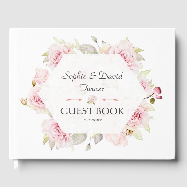 Pretty Blush Pink Floral Bloom Geometric Wedding Guest Book (Front)