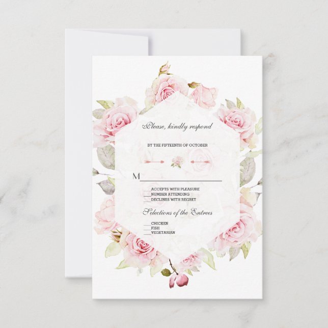 Pretty Blush Pink Floral Bloom Geometric Wedding RSVP Card (Front)
