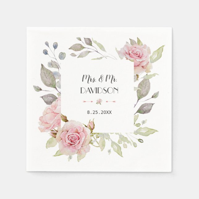 Pretty Blush Pink Floral Bloom Wedding Napkins (Front)