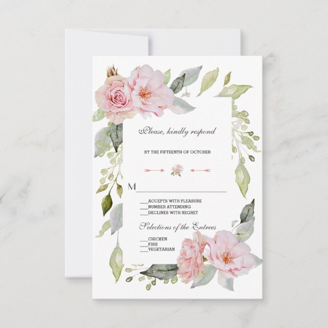 Pretty Blush Pink Floral Bloom Wedding RSVP Card (Front)