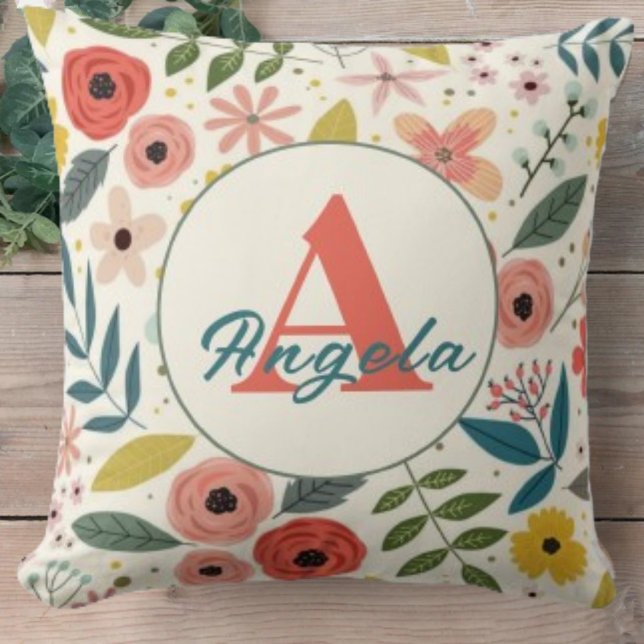 Pretty Blush Pink Floral Botanical Monogram  Throw Pillow (Creator Uploaded)