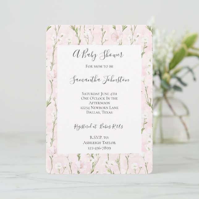 Pretty Blush Pink Floral Chic Baby Shower Invitation (Standing Front)