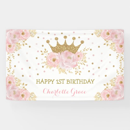 Pretty Blush Pink Floral Crown Princess Birthday Banner