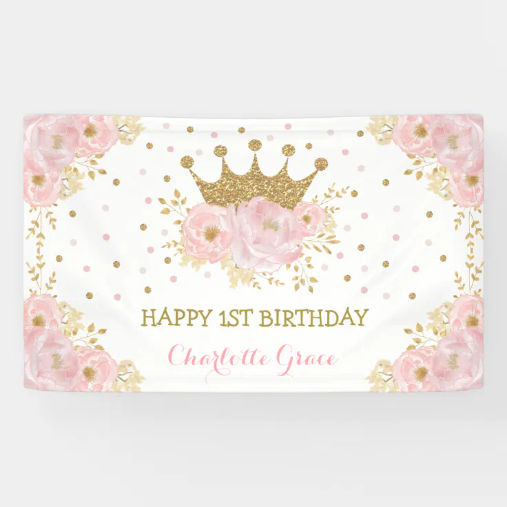 Pink Glitter Custom Birthday Banner Princess Banner Nursery Bunting Gold Crown 