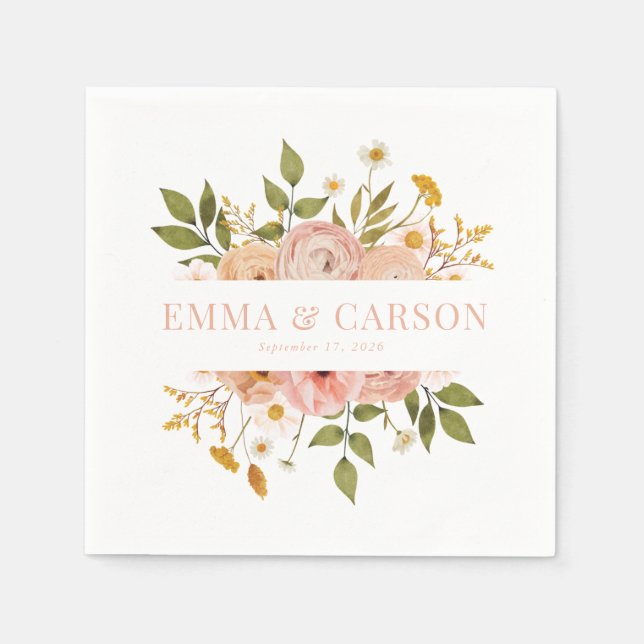 Pretty blush pink floral garden wedding reception napkins (Front)